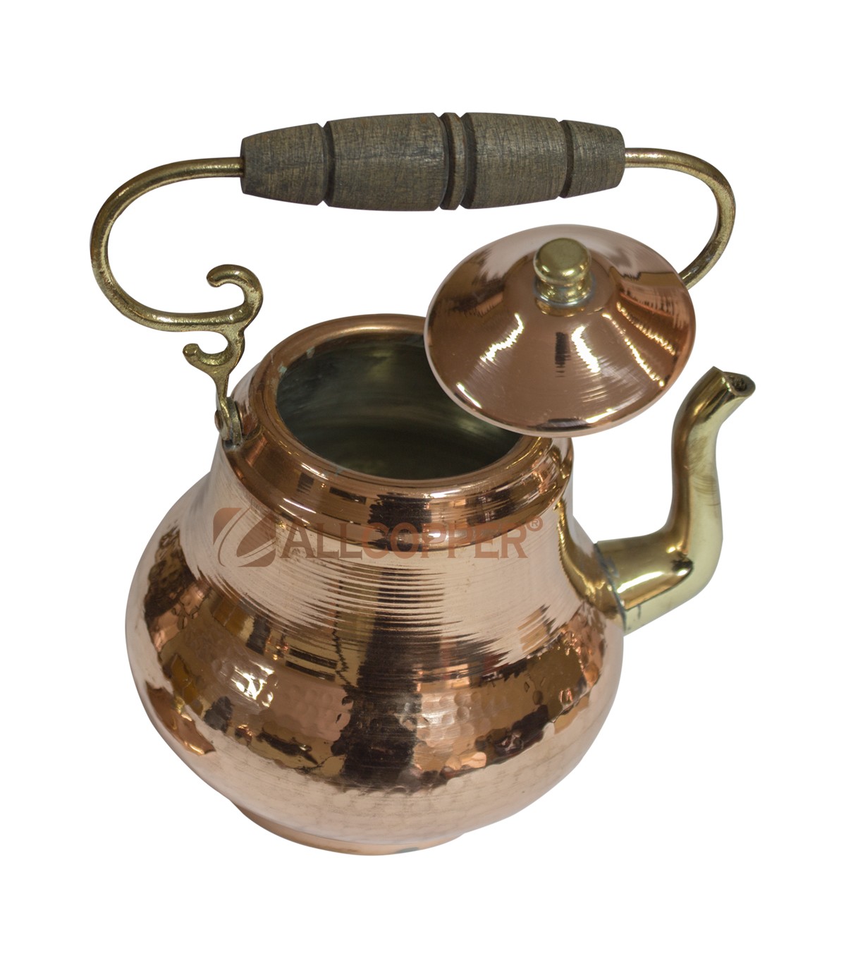 Медный чайник 1,5 л, чеканный, деревянная ручка, 1254